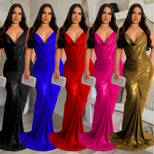 C6359 Fashion Women's Solid Color Shoulder Lace up Sleeveless Long Dress Women's Dress