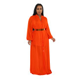 C6362 Fashion Women's Solid Color V-Neck Long Sleeve Dress with Belt