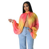 K10512 Women's Summer New Lace up Printed Chiffon Shirt Bat Sleeve Top