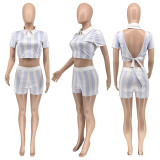 Fashion Summer Outfits Women'S Sets Stripe Print Sexy Backless Bandage T Shirt And Shorts 2 Piece Short Set Women