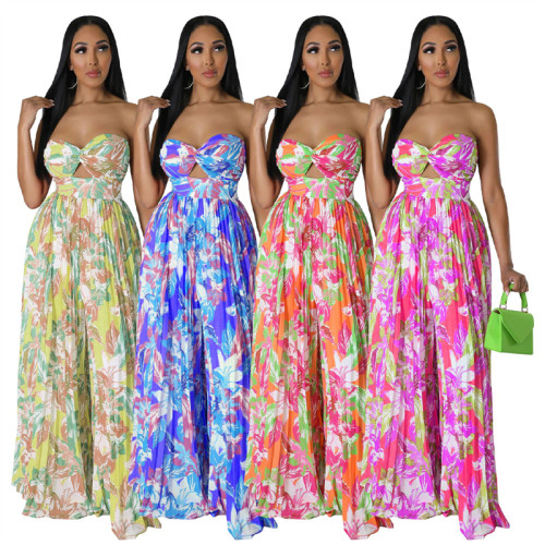 floral print women's boho tube top strapless loose flare long pants romper jumpsuit full length women beach clothes for women