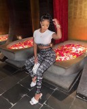H3290 women clothing letter printed summer polyester spandex sexy sports casual black white two pieces set skinny outfits
