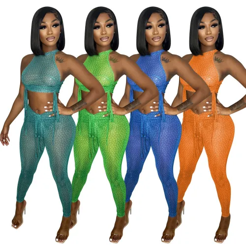 H3696 New arrival fashion halter short top long pants sexy printed slim fit Green two piece sets temperament OL women suit