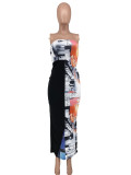 Factory Wholesale  Printed Patchwork Slit Wrapped Strapless Long Dress