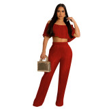 ladies pleated fashion 2023 summer women off one shoulder crop top wide leg flare pants set clothing outfit clothes in women