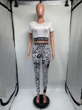 H3290 women clothing letter printed summer polyester spandex sexy sports casual black white two pieces set skinny outfits