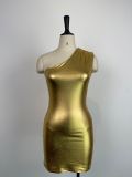 Summer Lady Women Casual Dresses Sexy Sleeveless One Shoulder Bodycon Club Party Glitter Metallic Dress