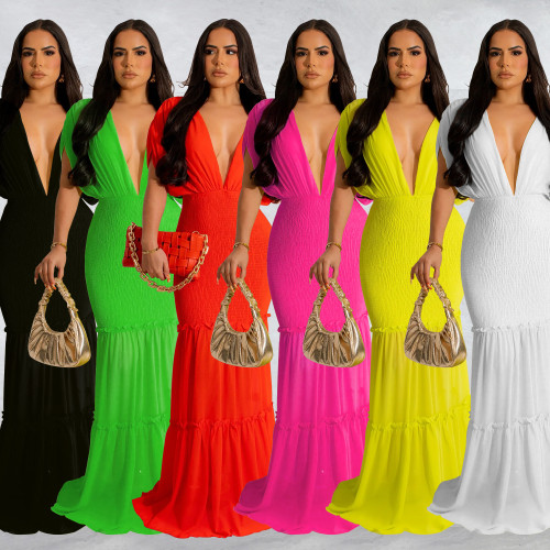Fashion Women's Solid Color Pleated V-Neck Sleeveless Long Dress Dresses