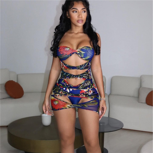 2023 Newest Women Summer Sexy Dress Trend Floral Print Women Strapless Dress Sexy Hollow Out Women Mini Dress Sexy Clubwear