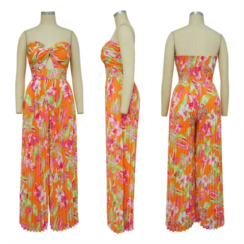floral print women's boho tube top strapless loose flare long pants romper jumpsuit full length women beach clothes for women