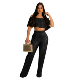 ladies pleated fashion 2023 summer women off one shoulder crop top wide leg flare pants set clothing outfit clothes in women
