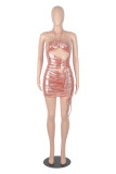 Fashion Summer Bandage Dress Metallic Strapless Halter Sexy Dresses Women Night Club Wear Drawstring Lady Dresses