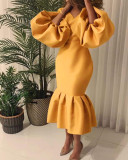 D115 Large Women's Fashion Solid V-neck Bubble Long Sleeve Fishtail Dress Party Dresses also plus size