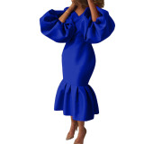 D115 Large Women's Fashion Solid V-neck Bubble Long Sleeve Fishtail Dress Party Dresses also plus size