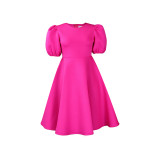 D330 Round Neck Bubble Sleeves Wrapped Waist Dress Party Dress