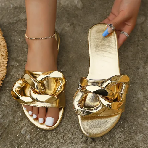 2023 new Shoes Women Slippers Metal Golden Chain Buckle  Flat Outdoor Beach Soft Comfort Slide Sandals for Women and Ladies