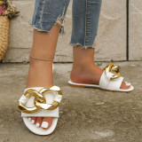 2023 new Shoes Women Slippers Metal Golden Chain Buckle  Flat Outdoor Beach Soft Comfort Slide Sandals for Women and Ladies
