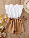 New fashion 2 Pcs girls clothing set sleeveless ruffled printed t-shirt  + solid  bow skirt shorts for girls