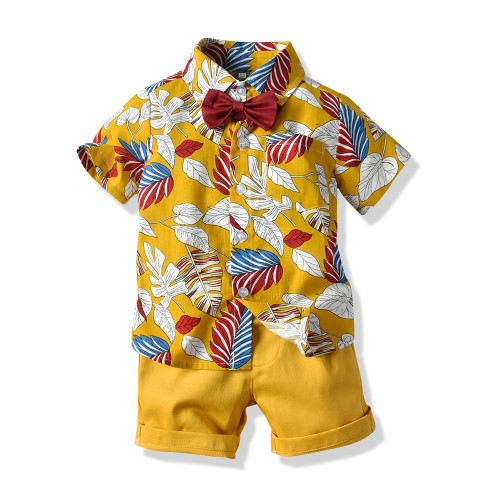 Fashion boys clothes flower shirt and shorts set boutique trending summer kids wear with bow