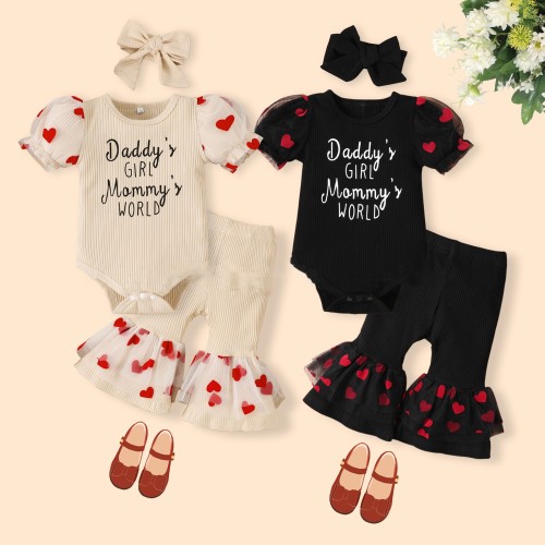 New baby girls 3pcs clothing set tulle sleeve letter embroidery romper +tulle heart flared pants + headband outfits for baby