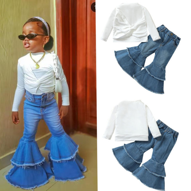 206 Trendy Fall Winter Clothes Little Girl Blue Flare Jeans Set Wholesale Custom Kids Girls Clothing Sets 2022