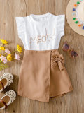 New fashion 2 Pcs girls clothing set sleeveless ruffled printed t-shirt  + solid  bow skirt shorts for girls