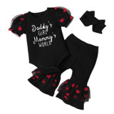 New baby girls 3pcs clothing set tulle sleeve letter embroidery romper +tulle heart flared pants + headband outfits for baby