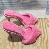 Summer Pointed Toe Flurry Fur Slip-on Mules Shoes for Women Stiletto High Heel Slides Slippers Outdoor Casual Shoes