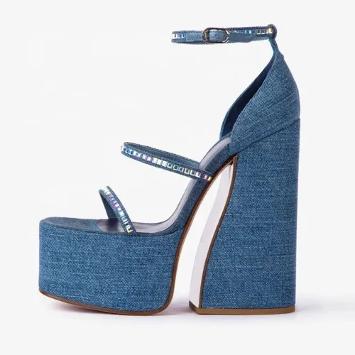 New Design Block High Heel Platform Women Sandals Fashion Shiny Diamonds Buckle Strap Women Dress Shoes Elegant Denim High Heels