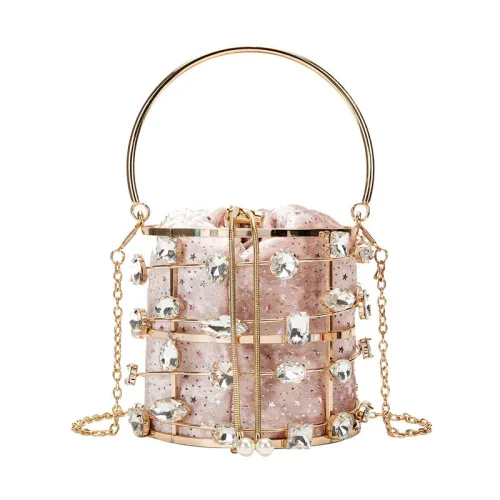 Metal Hollow Bucket Bag Crystal Wedding Clutch Purse Evening Bag For Women Luxury Small Party Handbag With Handle