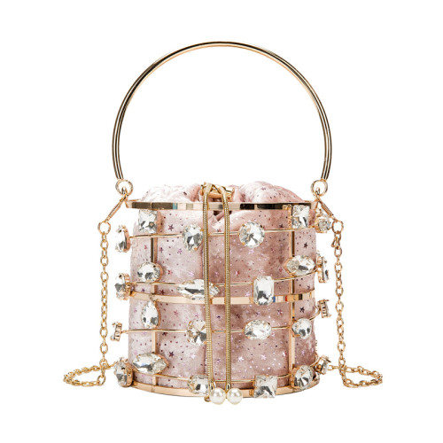 Metal Hollow Bucket Bag Crystal Wedding Clutch Purse Evening Bag For Women Luxury Small Party Handbag With Handle