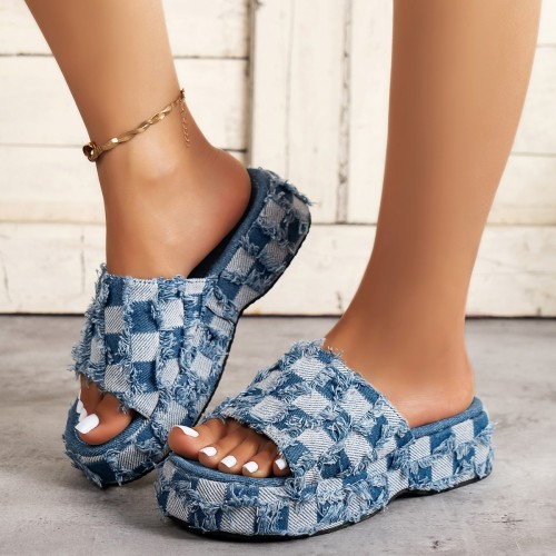 BUSY GIRL BT4673 Denim Slippers Plaid Feathers Open Toe Blue Slides Platform Slippers For Women 2023 Chunky Sandals And Slippers