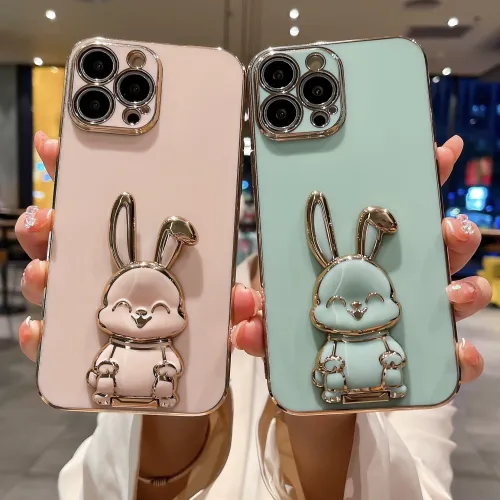 For iPhone 14 13 12 Pro Max XS Max XR 7 8 Plus Fashion Luxury Plating Phone Case With Cute Cartoon Rabbit Mobile Phone Holder