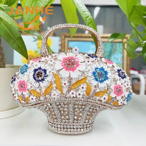 Factory Wholesale Floral Basket Crystal Clutch Women Party Luxury Wallet Ladies Rhinestone Wedding Purse Flower Evening Bags