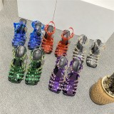 2022 transparent Rhinestone high-heeled fashion sandals buckle rivets square head high-heeled women's shoes of various colors