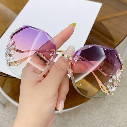 Vintage Cutting Rimless Crystal Shiny Sunglasses For Women New Fashion Luxury Rhinestone Sun Glasses Female Alloy Party Shades