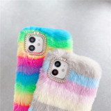 Fashion Cute Rainbow Gradient Furry Fuzzy Phone Cases For iPhone 13 14 Pro Max XR 7 8 Plus Women Plush Mobile Cover
