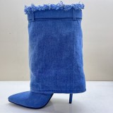 New Arrivals Women's Denim Overlay Short Booties Fashion Gradient Color Pointed Toe Stiletto Heel Half Knee High Boots