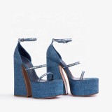 New Design Block High Heel Platform Women Sandals Fashion Shiny Diamonds Buckle Strap Women Dress Shoes Elegant Denim High Heels
