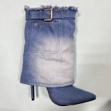 New Arrivals Women's Denim Overlay Short Booties Fashion Gradient Color Pointed Toe Stiletto Heel Half Knee High Boots