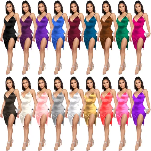 Summer new women's sexy dress solid color suspender halter dress hem slit female skirt women's suspenders tie up body con dress