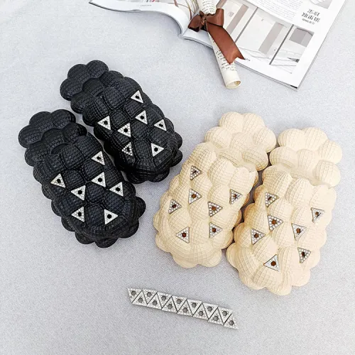 Women Summer Foot Massage Pink Peanut Design Bubble Slides Slippers with Shoe Charms Metal Accessories