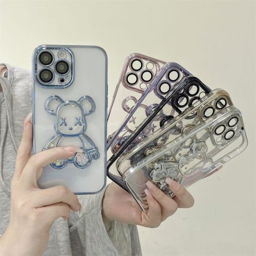 3D Electroplate Quick-sand Bear Transparent Phone Case For iPhone 14Pro 13 12promax 11 XS XR Cute Cartoon Phone Case Cover
