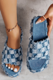 BUSY GIRL BT4673 Denim Slippers Plaid Feathers Open Toe Blue Slides Platform Slippers For Women 2023 Chunky Sandals And Slippers