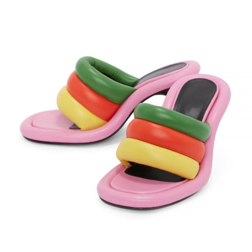 Color Matching Heel Slides Sandals Inflated Vamp Square Open Toe Slippers With High Heels Brand New Summer Style Mule Heels