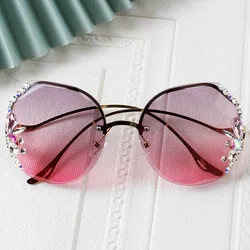 Vintage Cutting Rimless Crystal Shiny Sunglasses For Women New Fashion Luxury Rhinestone Sun Glasses Female Alloy Party Shades