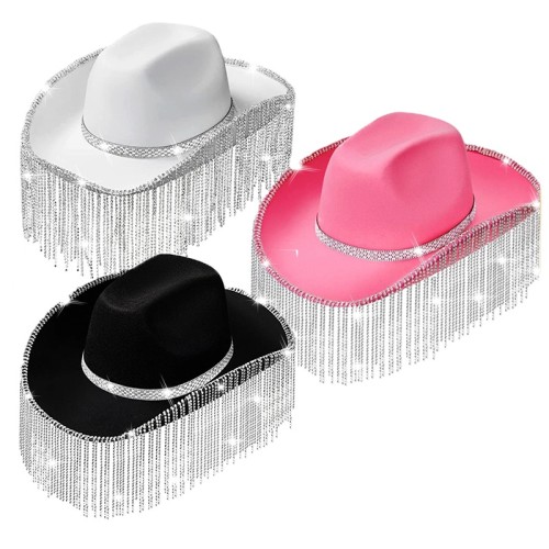 2023 New Product long tassel rhinestone  black  color cool girl hats western cowgirl wedding dress