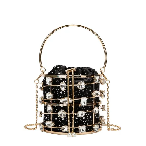 Metal Hollow Bucket Bag Crystal Wedding Clutch Purse Evening Bag For Women Luxury Small Party Handbag With Handle