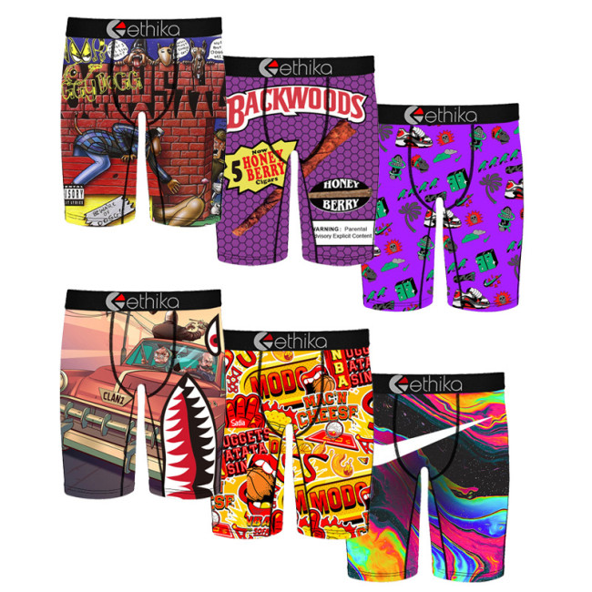 Popular Men's Fashion Brand Breathable Multiple Packaging Ice Silk Polyester Printed Underwear Flat Corner Pants001