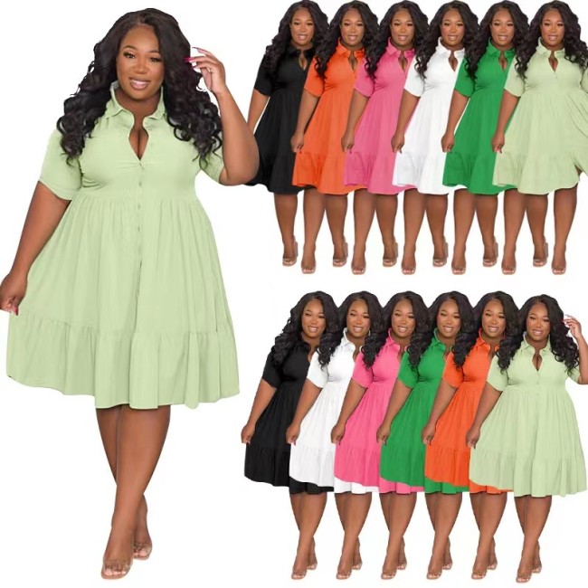 Hot Sale Solid Color Turn Down Short Sleeve Shirt Dress Fashion Summer Clothes Casual 5XL Plus Size Women Dresses